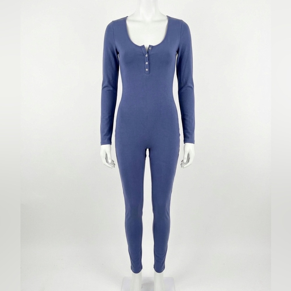 Babaton “Jimmy” Dusty Slate Blue Long Sleeve Henley Jumpsuit Onesie Medium